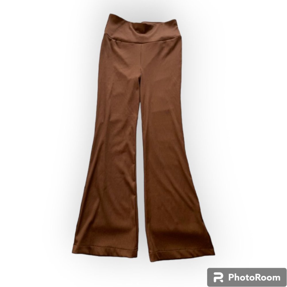 ShoSho Womens High Waist Yoga Flare Pants/Lounge BellBottom Brown Rib Knit Large